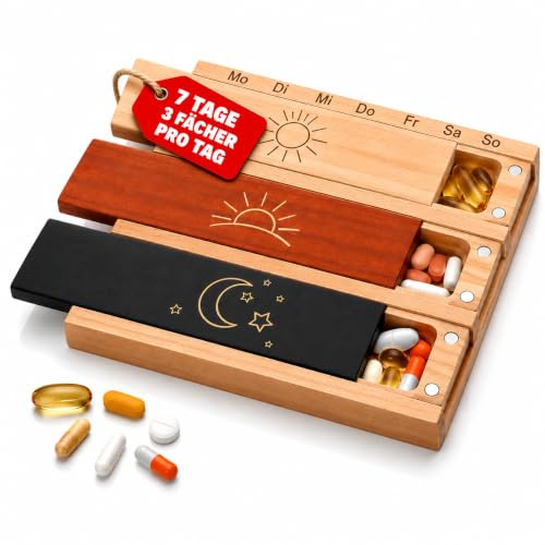 Tablettenbox aus Holz Pillendose 7 Tage mit 3 Fächern (morgens, mittags, abends) Kompakter Pillen-Organizer für unterwegs – aus naturbelassenem Kiefernholz mit Magnetdeckel