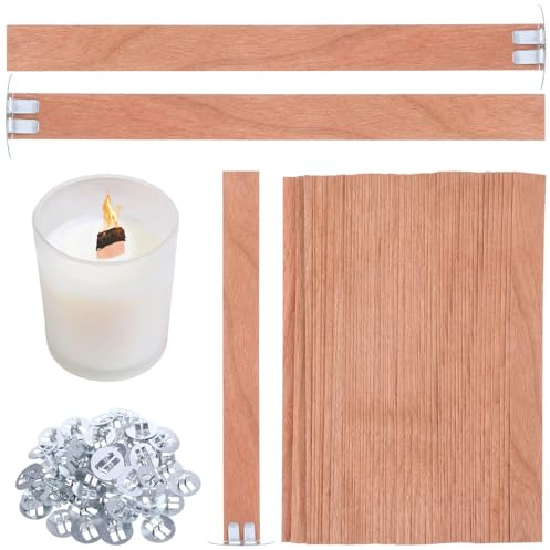 YBEATY 120 mechas de madera gruesa para velas con base de metal, mechas de madera natural para velas de bricolaje que hacen que sean fáciles de quemar