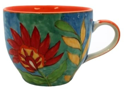 Gall&Zick Juego de 2 tazas de café pintadas a mano con diseño de flores, cerámica naranja