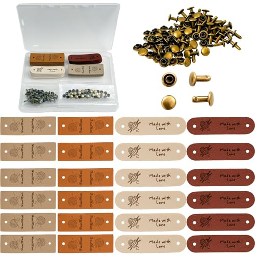 20 Stück Handgemachte Lederetiketten und 40 Nieten, PU-Wildleder-Etiketten Handmade Annähen Labels 4 Farben Geprägte Handmade mit Löchern Tags für DIY Taschen Hut Jeans Handwerk Stricken