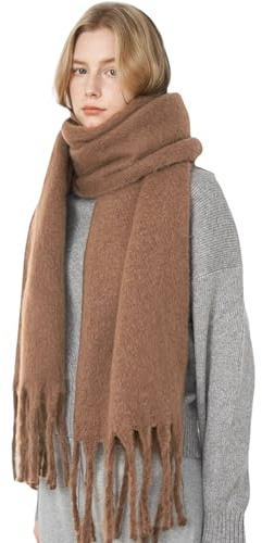 bhb Flauschiger Mohair-Optik Damenschal, Deckenschal – Weicher Oversize Schal aus Wolle mit Quasten, warm, elegant, übergroß, klobig, Winteraccessoire (Braun)