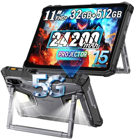 Ulefone Armor PAD 5 Ultra 5G Outdoor Tablet mit Projektoren, 11 Zoll FHD+ 32GB+512GB/2TB, Rugged Tablete Android 15, 64MP+64MP, 2 * 3W Speakers,IP68 Wasserdicht Tablet,4G,5G,OTG,GPS,NFC,Fingerabdruck