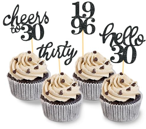 24 Pcs Glitter 30th Birthday Decoration Cupcake Toppers (Black-1996) | 30th Cake Decorations, 30th Birthday Decoration, 30th Birthday Party Supplies