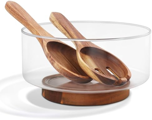 Uaugulft Large Glass Salad Bowl Set with Serving Utensils - 10 Inch Glass Mixing Bowls & Serving Tray, Perfect for Entertaining, Hosting Essentials for Home Kitchen