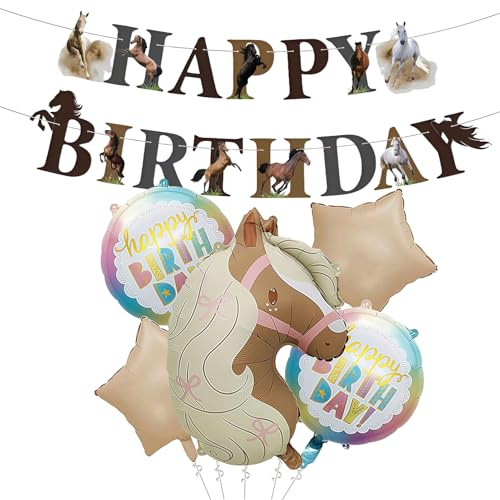 SKIPTHYBER Pferde Geburtstagsdeko Luftballon, 6 Stück Pferde Luftballon Set, XXL Pferd Folienballon, Happy Birthday Banner, Pferd Geburtstag Riesenballon für Tier Thematische Party Deko Ballon