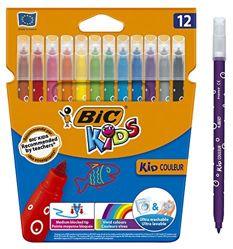 BIC Kids Kid Couleur Filzstifte, 12 Farben, auswaschbar, robuste Spitze