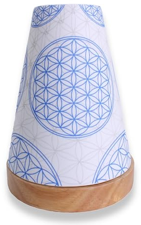 Budawi® Porzellan-Leuchtglas mit Blume des Lebens – Teelichthalter im Holzsockel integriert – spirituelle Deko mit Licht – Ø 10 cm, Höhe 14 cm – abnehmbares Oberteil zur einfachen Handhabung