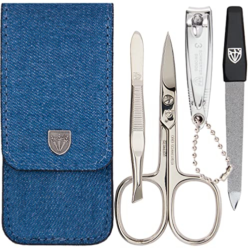 DREI SCHWERTER - 4-tlg. Nagelpflegeset 'Capri' | Hochwertiges Nageletui für Maniküre und Pediküre. Farbe: Textilstoff Jeans-Optik | Inhalt: Nagelschere, Nagelknipser, Pinzette, Saphirnagelfeile