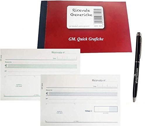 5 BLOCCHETTI RICEVUTE GENERICHE + PENNA TOUCH OMAGGIO - 50 FOGLI 2 COPIE - AUTOCOPIANTI 10X17 CM - QUICK GRAFICHE