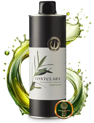 FONTCLARA Arbequina Aceite de Oliva Virgen Extra de España, Premiado, Frutado Ligero, Todoterreno en la Cocina, Extracción en Frío, Freir, Cocinar y Hornear, Botella de 0,5l