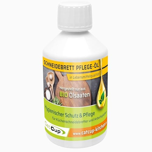 CatCup Schneidebrett Öl - Arbeitsplattenöl BIO - Premium Holzöl für Schneidebretter - Pflegeöl für Arbeitsplatten & Küchenzubehör - Schneidebrettöl aus Deutschland (250ml)