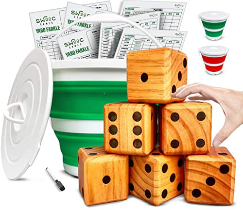 SWOOC Yardzee, Farkle & 20+ Games - Light-Weight Yard Dice Game Set (All Weather) with Collapsible Bucket, 5 Big Laminated Score Cards, and Marker (Choose 2.5in or 3.5in Dice) Yard Games