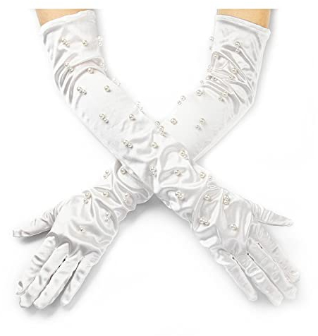 Acenail Damen-Hochzeitshandschuhe – Lange Satinperlen Weiß Braut Ellenbogen Länge Abend Oper 20er Jahre Flapper Kleid Handschuhe für Bräute, Weiss/opulenter Garten, Einheitsgröße