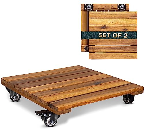 Idzo 2-Pack 14 Inch Wood Plant Caddy with Wheels Heavy Duty, 264 lbs Acacia Hardwood Plant Caster Dolly Rolling Stand with 360° Lockable Wheels for Heavy Plant Pots and Outdoor Use