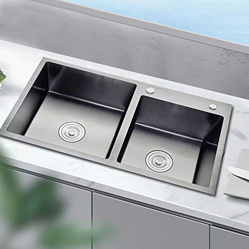 Einbauspüle Küchenspüle Spülbecken Doppelwaschbecken Edelstahl Doppelspüle mit Seifenspender, 78 * 43 cm Edelstahlspüle Doppelbecken Spüle 2 Becken für Küche und Wäscherei Schwarz