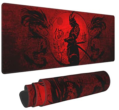 Japansk samurai cool anime röd och svart drake musmatta XL utökad skrivbordsmatta, halkfri gummibas sydd kant spel pc skrivbord stor musmatta, 80 x 30 cm