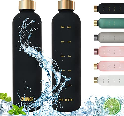 Trinkflasche 1L Wasserflasche Sport mit Zeitmarkierung Trinkerinnerung | Trinkflasche Kohlensäure Geeignet, Sportflasche Auslaufsicher, BPA-frei, Ideal für Sport und Outdooraktivität, Schwarz