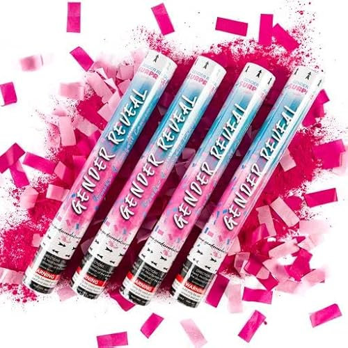 Gender Reveal Surprise - Paquete de confeti y cañón de polvo para fiestas de revelación de género del bebé, confeti soluble en agua y fácil de romper, cañón de polvo sin humo, rosa, paquete de 4
