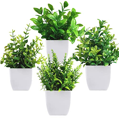 Roqueen 4 Pièces Plantes Artificielles Mini Verdissement Artificielles Fleurs Pot Plastique Plantes Faux pour Maison Salle de Bain Bureaux Table Décoration