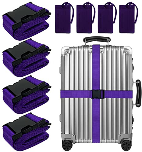 8 Pack Luggage Straps Suitcase Tags Set,Adjustable Suitcase Belts TSA Approved Silicone Luggage Tags Travel Suitcase Tags with Name ID Card for Luggage Suitcase Travel Accessories - Purple