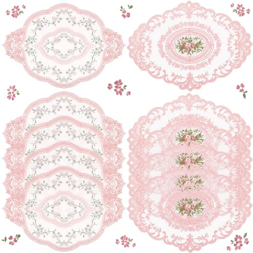 Mixweer 10 Pcs Pink Retro Lace Placemats Oval Embroidered Table Place Mats French Crochet Doilies Vintage Coasters Cup Mat 12'' x 16'' for Wedding Cup Vase Table Decor