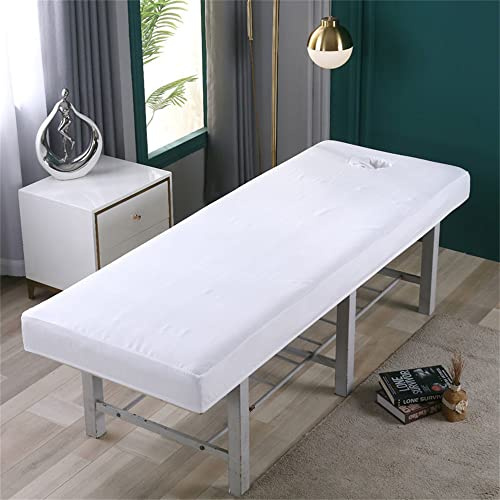 Highdi Bezug für Massageliege mit Loch, Gestrickte Baumwolle Waschbare Beauty Bettbezug Elastisches Massagetische Bezug Weiches Atmungsaktiv Massagebett für Spa (70x190cm,Weiss)