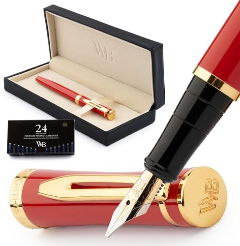 Wordsworth & Black Füllfederhalter-Set, breite 18-Karat-Goldfeder, inklusive 24 Tintenpatronen, Kolbenkonverter und Geschenkbox, goldfarben, Kalligraphie, Karminrot
