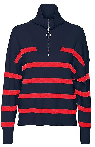 Vero Moda VMSABA Pull en Tricot pour Femme, Navy Blazer/Stripes : amer, M