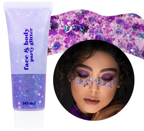 Prreal Body Glitter Gel 50ml, Face Glitters Body Gel Sequins | Shimmer Liquid Eyeshadow,Chunky Glitters for Hair Nails,Holographic Cosmetic Laser Powder Festival Glitter Makeup#Violet