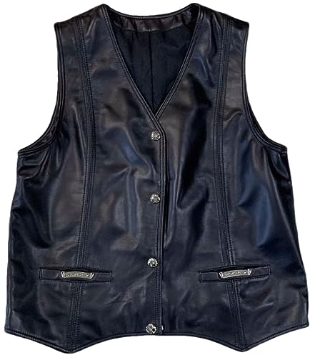 Hdhdeueh Damen Lederweste Weste Schaffell Leder V-Ausschnitt Einreihig Metallschnalle Schwarz Westen, 22028 schwarz, 48