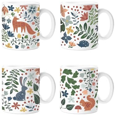 YöL Set Of 4 Woodland-Themed Mugs Forest Autumnal Fox Bunny Coffee Tea Cup Home Kitchen Dining Mug Set