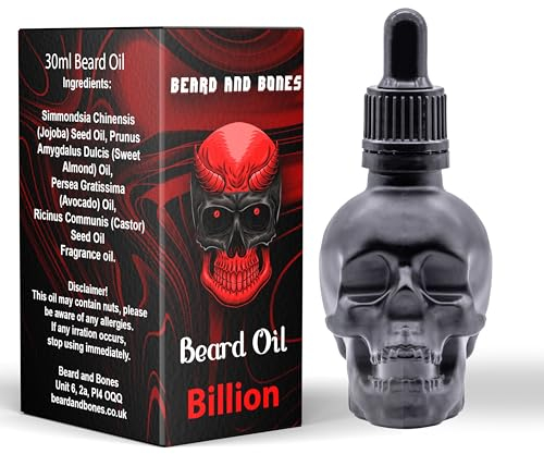 Beard and Bones - 60ml Beard Oil for Men | Nut Free | Natural Carrier Oils of Jojoba, Squalane and Sea Buckthorn Oil | Black Glass Skull | Choice of 6 Scents (Billion)