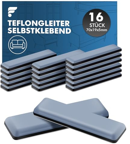shinfly 16 Stück Teflongleiter Selbstklebend, Möbelgleiter Teflon - 70 x 19 mm (eckig), Stuhlgleiter Teflon - für Glatte Böden und Teppiche