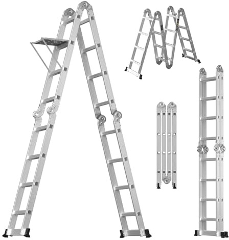 4.7M Aluminum Telescopic Ladder Multi-Function 14-in-1 Portable Folding Ladder with Dual Support Bars, Anti-Slip Feet, 4X4 Steps, 330lbs Max Load, Heavy Duty Ladder for Home, RV, Roofs
