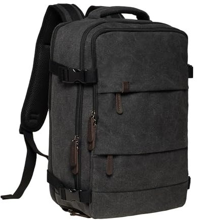 KAUKKO Canvas 40 l reseryggsäck, vänlig handbagage ryggsäck resa ryggsäck för 15,6 tum bärbar dator, flyg godkänt ombordbagage vattenavvisande kabinryggsäck för resor helresa, Svart [fh12], Retro
