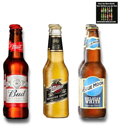 Bud Bier, Miller Genuine Draft & Blue Moon- Amerika Mix - USA 6 x 330ml - Inkl. Haus der Biere Berlin Bierdeckel