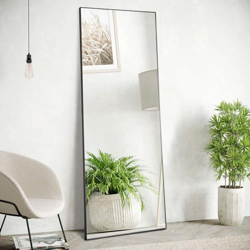 Sweetcrispy Full Length Mirror with Stand, 59x17 Floor Mirror with Aluminum Alloy Frame for Bedroom, Standing Full Body with Shatter-proorf Nano Glass for Wall, Living Room, Cloakroom (Black)