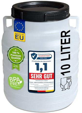 plasteo Weithalsfass 10l Deckelfass mit Deckel Henkel - Lebensmittelecht, BPA-Frei, Rund Natur, Lagerfass Universalfass