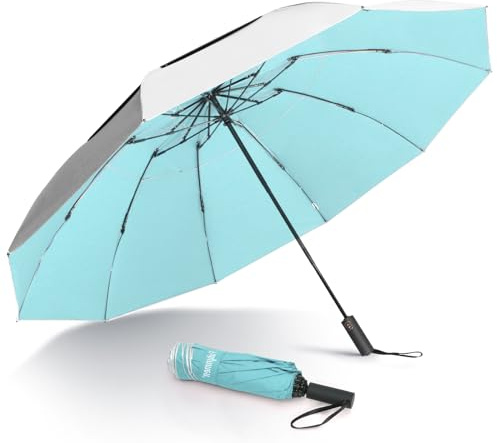 Fulynmen 54 Inch UPF50+ Sun Umbrella UV Protection Large Travel Compact Golf Umbrella Inverted Windproof Double Canopy 10 Ribs Automatic Open/Close Silver Sky Blue