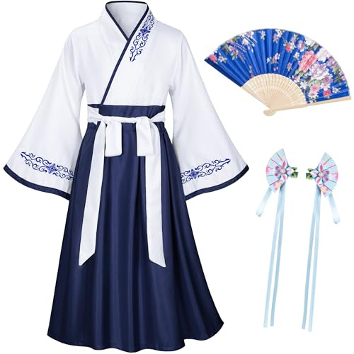 Asiatisches traditionelles Kleid, Kimono, Bademantel für Kinder, Mädchen, Kostüm, Seide, Faltfächer, Haarnadel, Cosplay, Weiß Marineblau, 8-9Years(140cm)