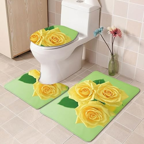Bad Teppiche Set Grüne Gelbe Blüten Badezimmerteppich Waschbar WC Vorleger mit Ausschnitt und WC Deckelbezug 3 Teilig Badematte rutschfest Toilettensitzbezug Badgarnitur 50x80 cm