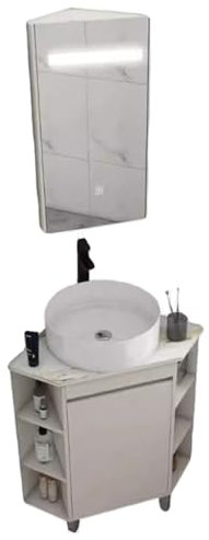 Moderno armario esquinero de baño con lavabo de cerámica y espejo de pie, pequeño lavabo de baño con lavabo de cerámica para espacios pequeños (15 pulgadas)
