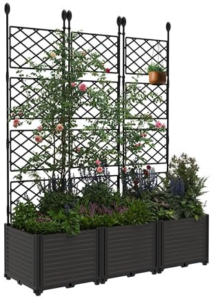 3 PCS Plastic Plant Box with Metal Trellis, Raised Garden Bed with Trellis Planter for Climbing Plant Outdoor Raised Box Privacy Screen for Patio Balcony,Planter Box for Backyard Patio