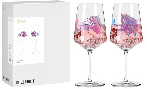 RITZENHOFF 8084002 Cocktail-Glas 2er Set 500 ml, Serie Reitgold - 2 Stück mit Motiv Pferde lila-pink, Made in Germany
