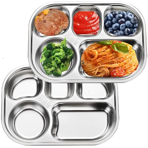 Yanhalo 2-pack uppdelad tallrik, 5 sektioner 304 rostfritt stål uppdelad middagsbricka för vuxna, barn, husbilar, bussform uppdelat fat för lunch, portionskontroll, camping, BPA-fri