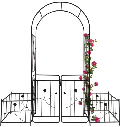 Arche de jardin en métal avec portail et deux supports de pot de fleurs – 200 x 220 cm – Treillis pour plantes grimpantes – Arche d'extérieur (noir)