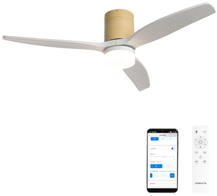 CREATE / WINDCALM M/Ventilador de techo ABS con luz efecto madera clara aspas blanco con Wifi y mando / 40W. Silencioso. Ø132 cm. 6 velocidades. 3 temperaturas de luz. función verano-invierno