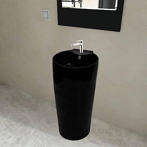 Refined Waschbecken Keramik Hahnloch Standwaschbecken Waschtisch Säule (Schwarz)
