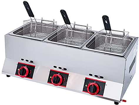 Friteuse à gaz multifonction, friteuse professionnelle en acier inoxydable au GPL, grande capacité de 33 L, trois cuves, puissance de feu réglable, pour usage domestique et commercial, netto