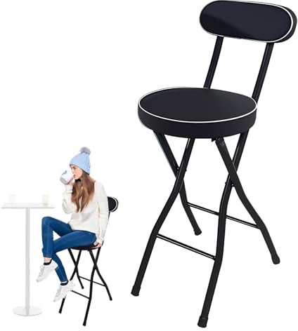 Sgabello da bar pieghevole portatile per la colazione, 75 70 65 60 55 cm comodo sgabello alto rotondo imbottito, sgabelli da bar alti pieghevoli per sala giochi da cucina, capacità di 220 libbre(Nero,